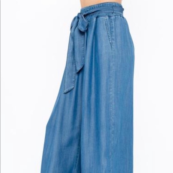 Denim Wide Leg Pants with Tie - Picture 2 of 4